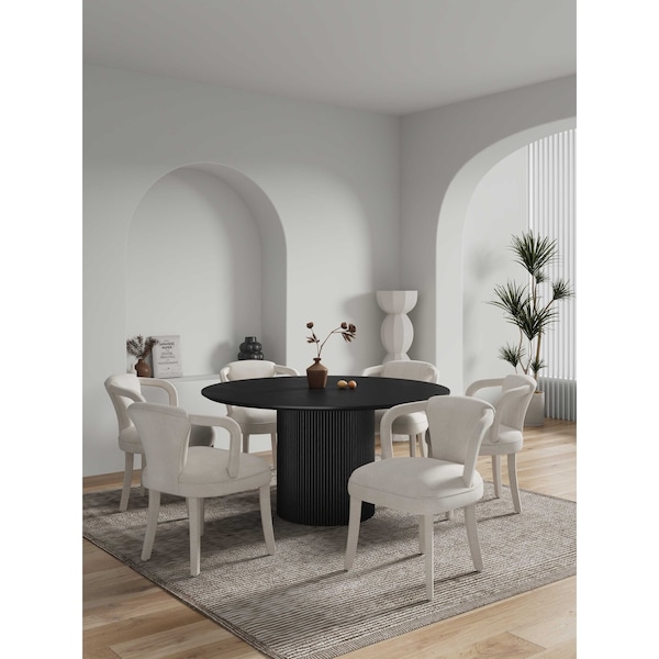 Manhattan Comfort 7-Piece Hathaway 59.05 Round Dining Set in Black with 6 Flor Dining Chairs in Ivory 6-DT05DC088AR-BKIV - main